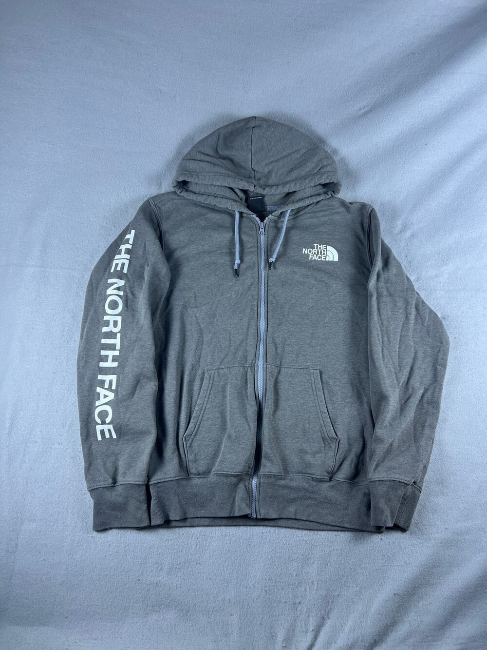The North Face Hoodie Mens L Gray Spellout Sleeve Logo Athletic Outdoor Sports